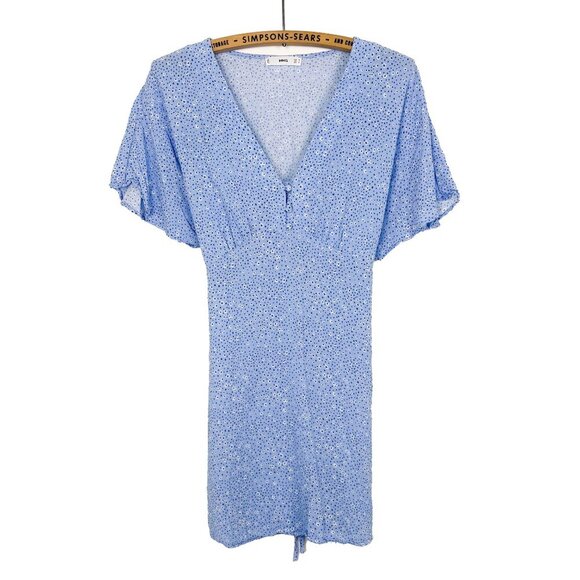 Mango Womens Blue Floral V Neck Mini Dress Size M - Picture 1 of 5